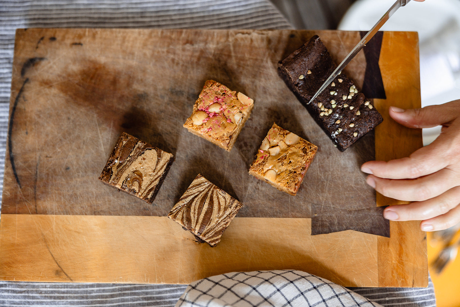 Brownie cut on a board ready to share