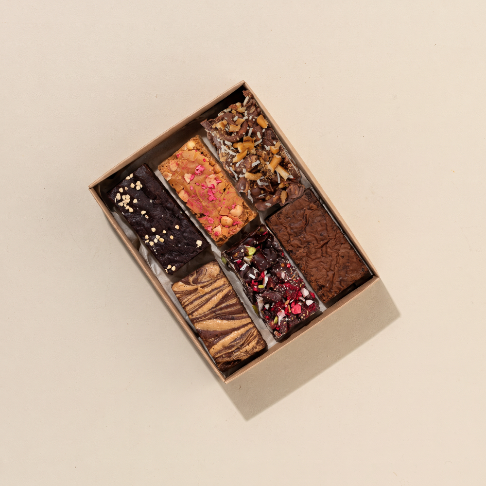 Individual brownie and rocky road pieces to form the mini sample pack, overhead