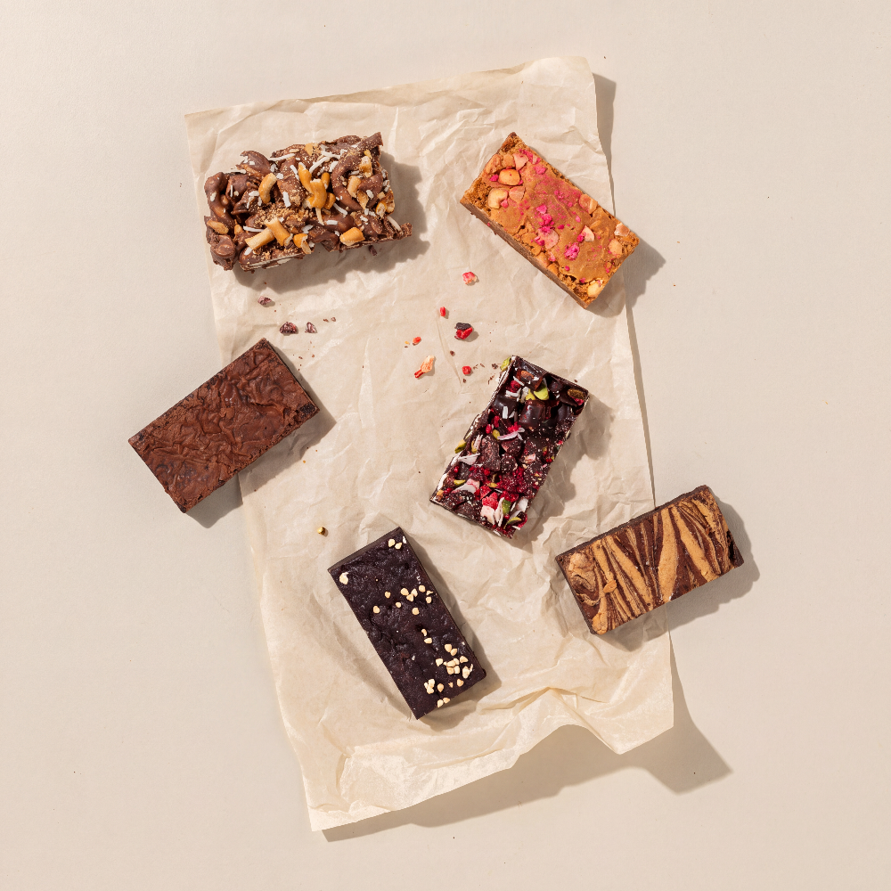 Individual brownie and rocky road pieces unwrapped from the mini sample pack