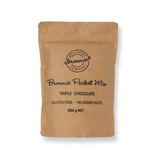 Brown paper packet of brownie packet mix with text on a white background